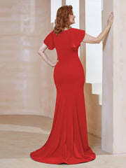 Robe Sirène avec Traîne de Balayage à Col en V Rouge