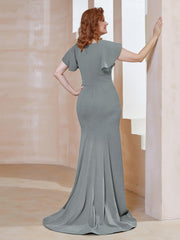 Robe Sirène avec Traîne de Balayage à Col en V Gris Acier Grande Taille