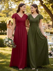 Mancheron Mousseline Longue Robe Demoiselle d'honneur Bordeaux