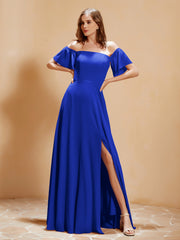 Maxi Robe en Mousseline Hors de l'Épaule avec Fente Bleu Royale