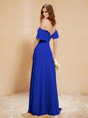 Maxi Robe en Mousseline Hors de l'Épaule avec Fente Bleu Royale