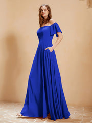 Maxi Robe en Mousseline Hors de l'Épaule avec Fente Bleu Royale