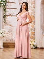 Robe de Maternité en Mousseline à Col en V Profond avec Nœuds aux Épaules Rose Poudré