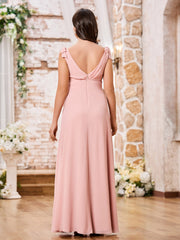 Robe de Maternité en Mousseline à Col en V Profond avec Nœuds aux Épaules Rose Poudré