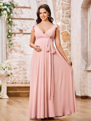 Robe de Maternité en Mousseline à Col en V Profond avec Nœuds aux Épaules Rose Poudré