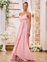 Robe en Mousseline à Bretelles Spaghetti avec Devant Court et Dos Long Rose Poudré