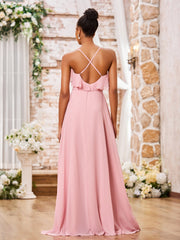 Robe en Mousseline à Bretelles Spaghetti avec Devant Court et Dos Long Rose Poudré