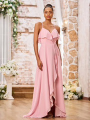 Robe en Mousseline à Bretelles Spaghetti avec Devant Court et Dos Long Rose Poudré