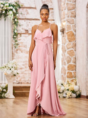 Robe en Mousseline à Bretelles Spaghetti avec Devant Court et Dos Long Rose Poudré