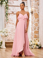 Robe en Mousseline à Bretelles Spaghetti avec Devant Court et Dos Long Rose Poudré