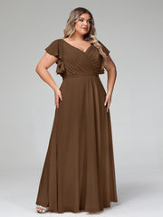 Col En V Mancherons Robes Avec Volants Brun Grande Taille