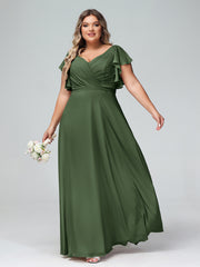 Col En V Mancherons Robes Avec Volants Olive Verte Grande Taille
