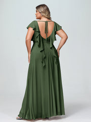Col En V Mancherons Robes Avec Volants Olive Verte Grande Taille