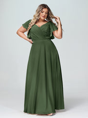 Col En V Mancherons Robes Avec Volants Olive Verte Grande Taille