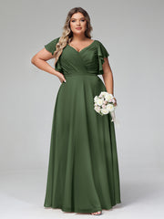 Col En V Mancherons Robes Avec Volants Olive Verte Grande Taille