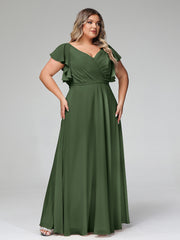 Col En V Mancherons Robes Avec Volants Olive Verte Grande Taille