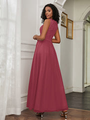 Robe en A-ligne Sans Manches en Tulle Longueur au Sol Cannelle Rose Grande Taille