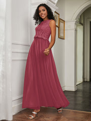 Robe en A-ligne Sans Manches en Tulle Longueur au Sol Cannelle Rose Grande Taille
