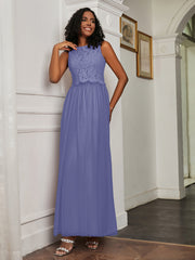Robe en A-ligne Sans Manches en Tulle Longueur au Sol Pervenche Grande Taille