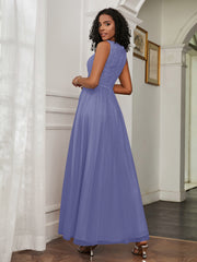 Robe en A-ligne Sans Manches en Tulle Longueur au Sol Pervenche