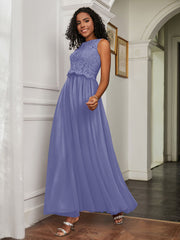 Robe en A-ligne Sans Manches en Tulle Longueur au Sol Pervenche Grande Taille
