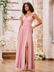 Robe Bohème en Mousseline à Volants avec Col en Cœur Rose Poudré