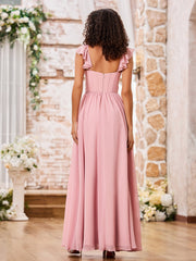 Robe Bohème en Mousseline à Volants avec Col en Cœur Rose Poudré