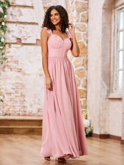 Robe Bohème en Mousseline à Volants avec Col en Cœur Rose Poudré