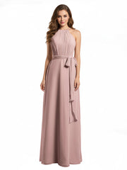 Longueur Complète Mousseline Robes Licou Cou Avec Nœud Rose Poudré