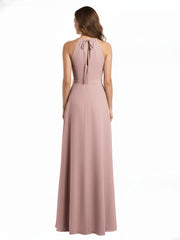 Longueur Complète Mousseline Robes Licou Cou Avec Nœud Rose Poudré