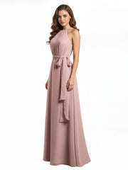 Longueur Complète Mousseline Robes Licou Cou Avec Nœud Rose Poudré
