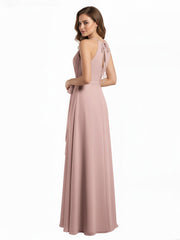 Longueur Complète Mousseline Robes Licou Cou Avec Nœud Rose Poudré
