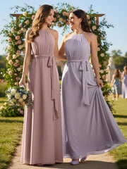 Longueur Complète Mousseline Robes Licou Cou Avec Nœud Rose Poudré