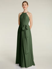 Longueur Complète Mousseline Robes Licou Cou Avec Nœud Olive Verte