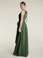 Longueur Complète Mousseline Robes Licou Cou Avec Nœud Olive Verte