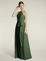 Longueur Complète Mousseline Robes Licou Cou Avec Nœud Olive Verte