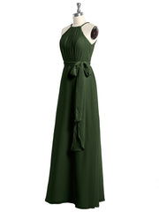 Longueur Complète Mousseline Robes Licou Cou Avec Nœud Olive Verte