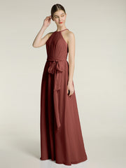 Longueur Complète Mousseline Robes Licou Cou Avec Nœud terracotta