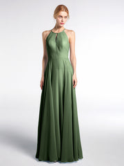 Robe Longue à Décolleté en Trou de Serrure Licou avec Jupe Circulaire Olive Verte Grande Taille