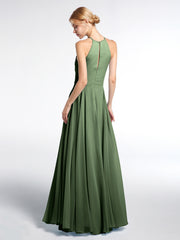 Robe Longue à Décolleté en Trou de Serrure Licou avec Jupe Circulaire Olive Verte