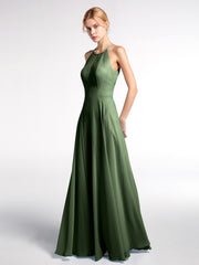 Robe Longue à Décolleté en Trou de Serrure Licou avec Jupe Circulaire Olive Verte