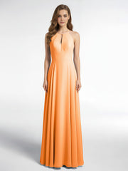 Robe Longue à Décolleté en Trou de Serrure Licou avec Jupe Circulaire Orange