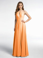 Robe Longue à Décolleté en Trou de Serrure Licou avec Jupe Circulaire Orange