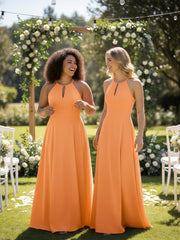 Robe Longue à Décolleté en Trou de Serrure Licou avec Jupe Circulaire Orange