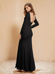 Robe Sirène en Mousseline à Manches Longues avec Fente Noir