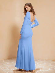 Robe Sirène en Mousseline à Manches Longues avec Fente Bleu