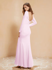 Robe Sirène en Mousseline à Manches Longues avec Fente Rose Pâle