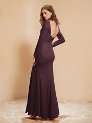 Robe Sirène en Mousseline à Manches Longues avec Fente Cabernet