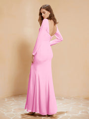 Robe Sirène en Mousseline à Manches Longues avec Fente Rose Bonbon