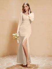 Robe Sirène en Mousseline à Manches Longues avec Fente Champagne Grande Taille